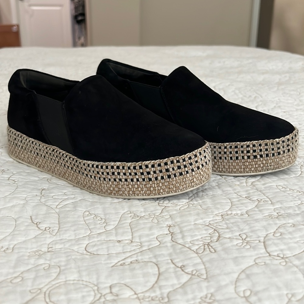 Vince black suede and woven espadrille platform slip on shoes in perfect shape